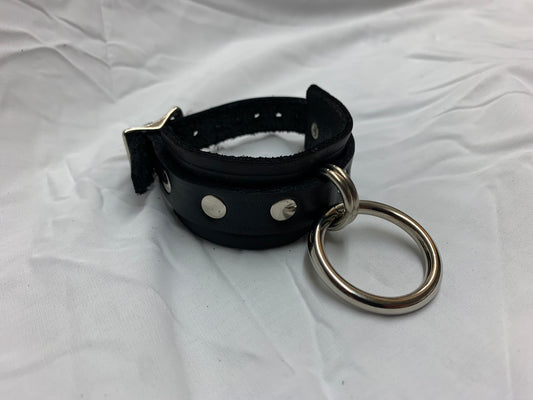 Leather Cuff Bracelet w/ Flat Studs & Single Ring