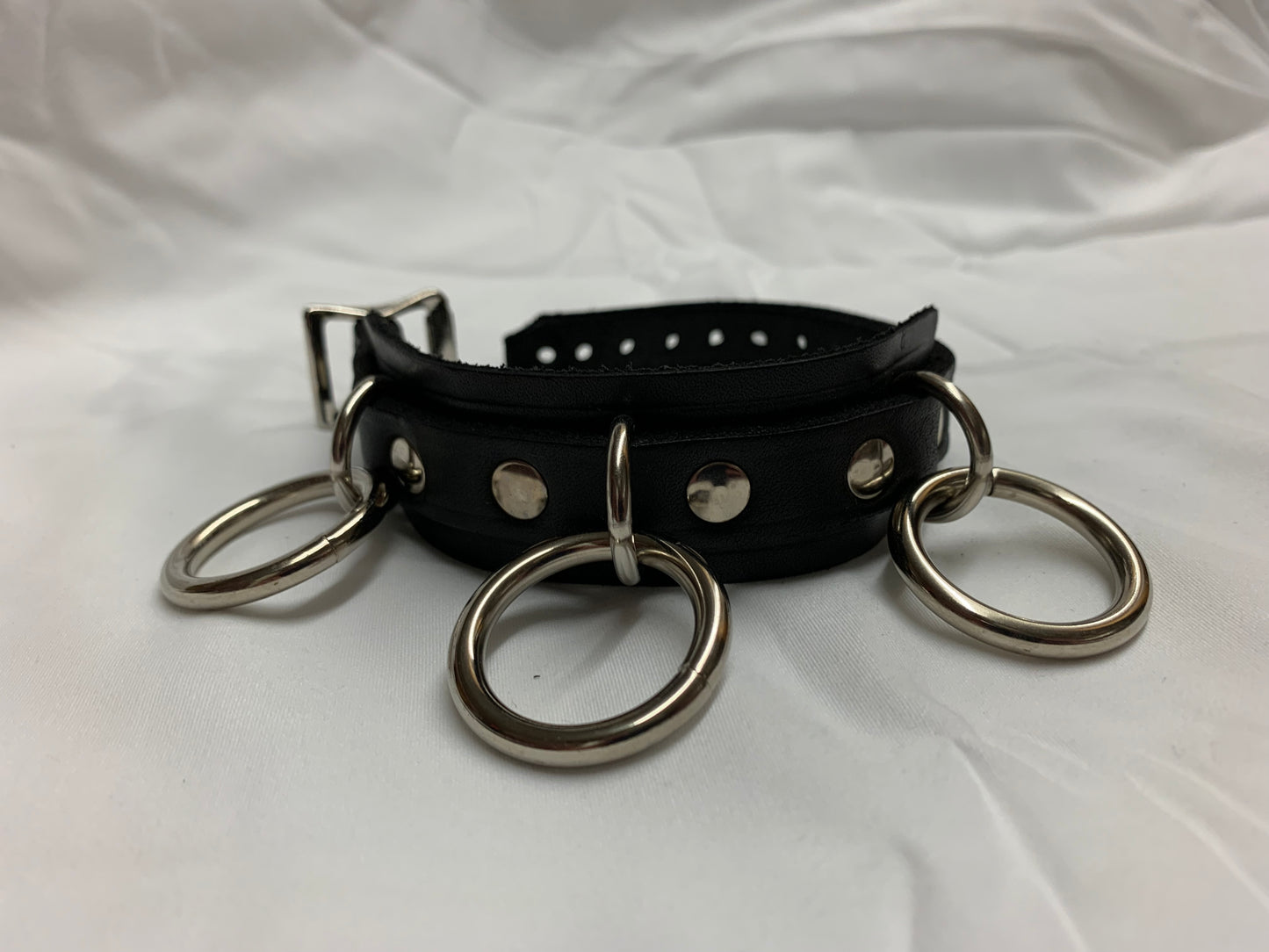 Leather Cuff Bracelet w/ Flat Studs & 3 Rings