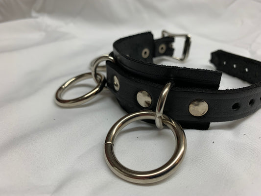 Leather Cuff Bracelet w/ Flat Studs & 3 Rings