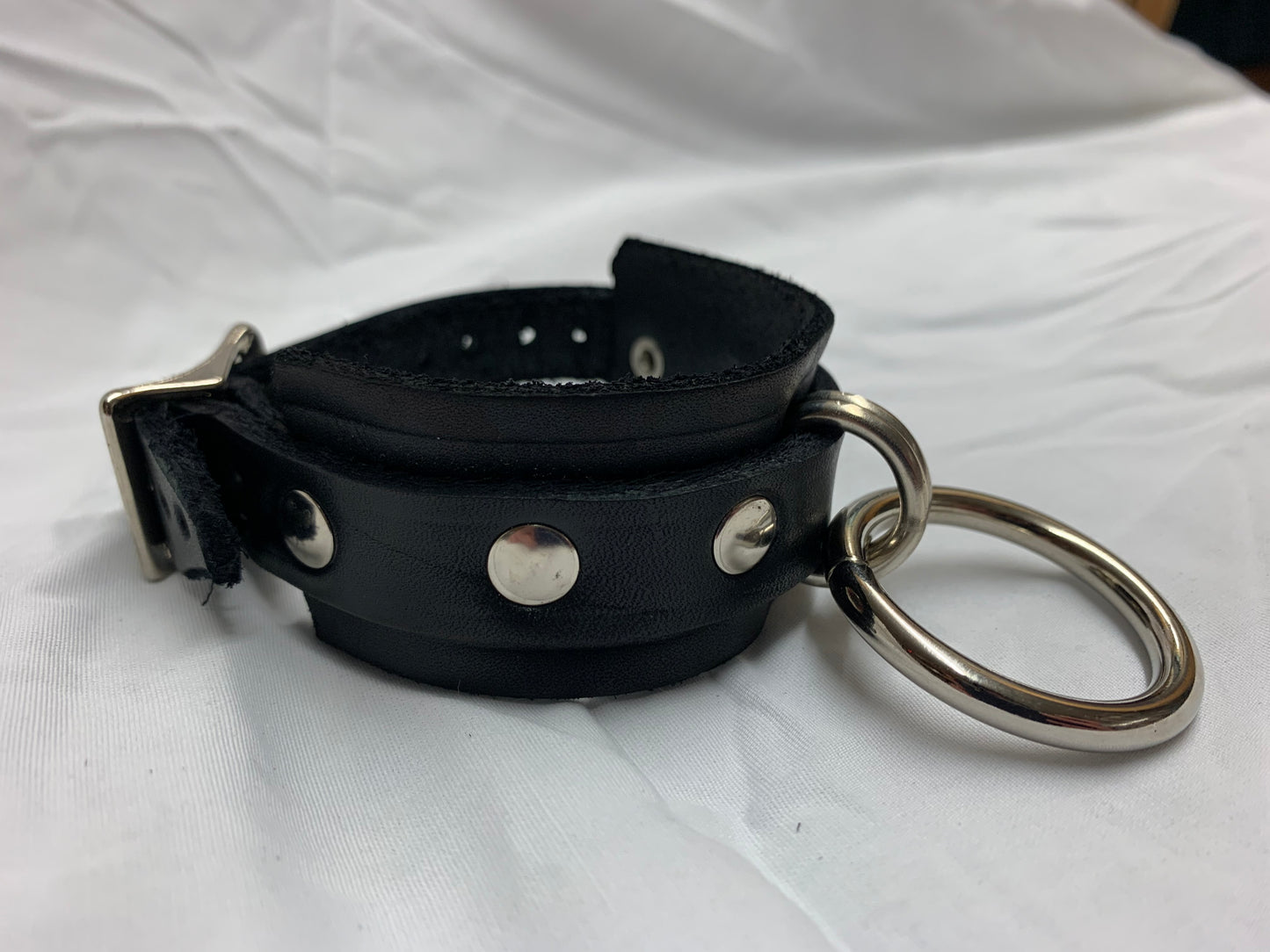 Leather Cuff Bracelet w/ Flat Studs & Single Ring