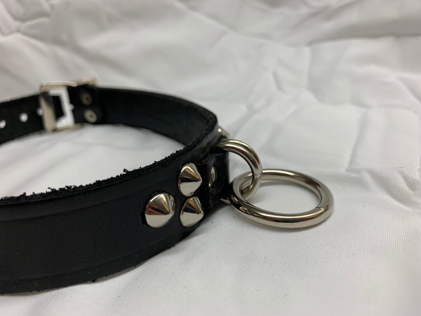 Leather Collar Necklace w/ Small Cone Studs & Single Ring