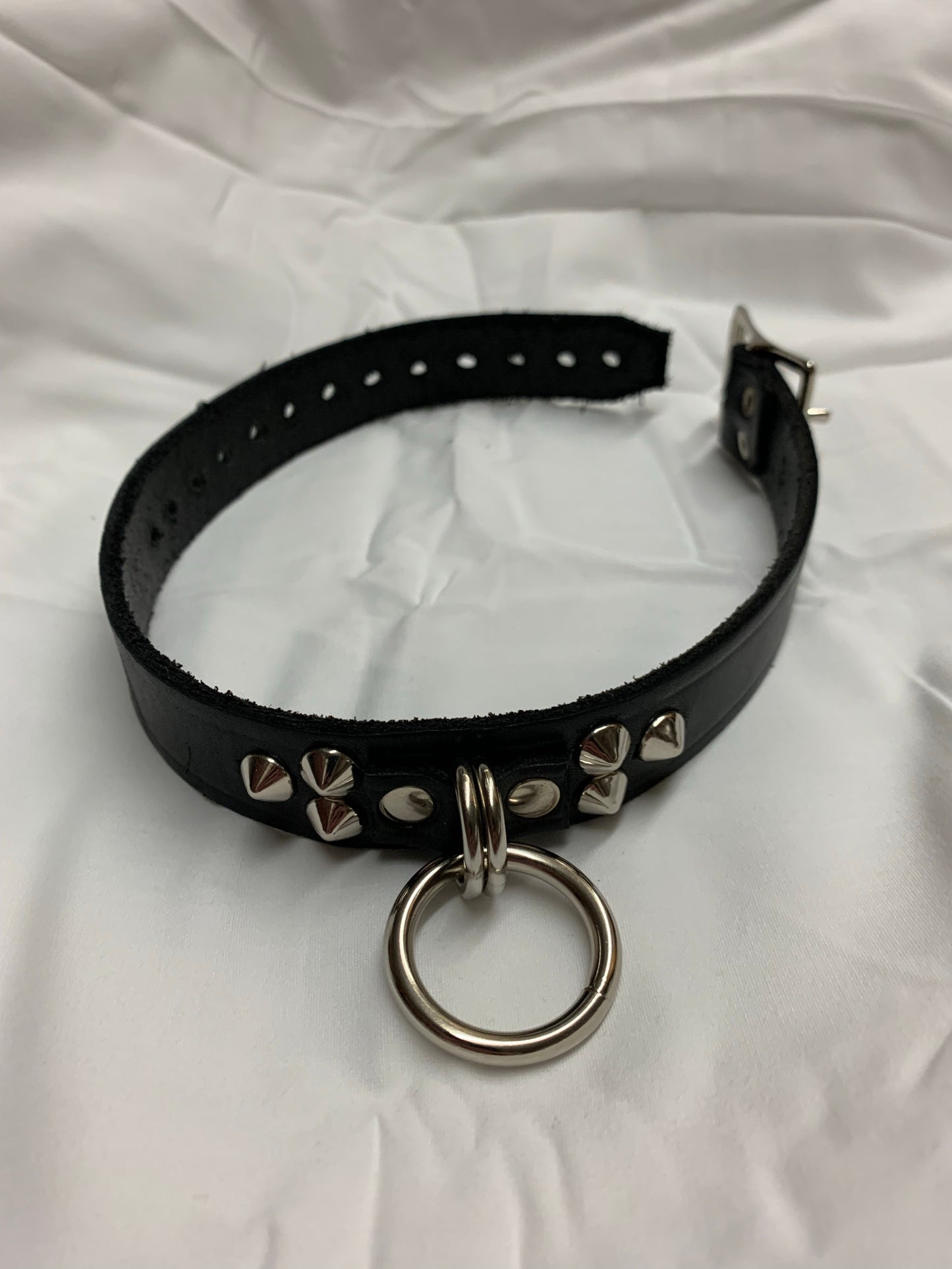 Leather Collar Necklace w/ Small Cone Studs & Single Ring