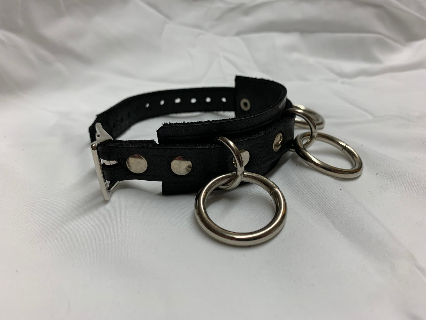 Leather Cuff Bracelet w/ Flat Studs & 3 Rings