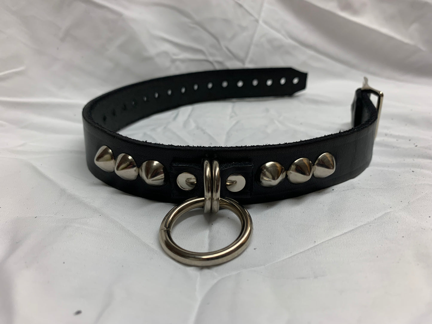 Leather Collar Necklace w/ Large Cone Studs & Single Ring